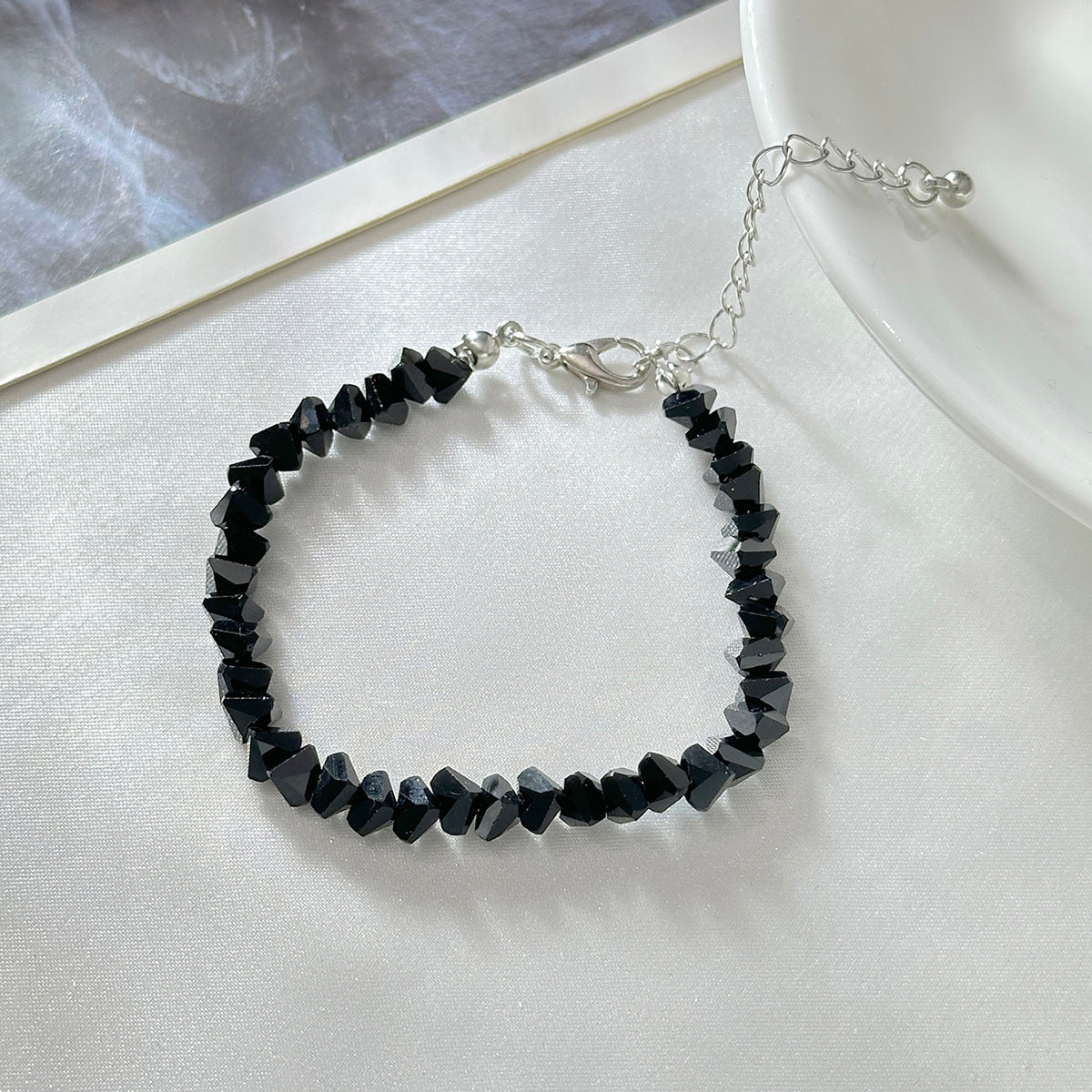 Black Resin and Silvertone Irregular Beads Link Bracelet, silver bracelet for women, elegant gift for her, side view