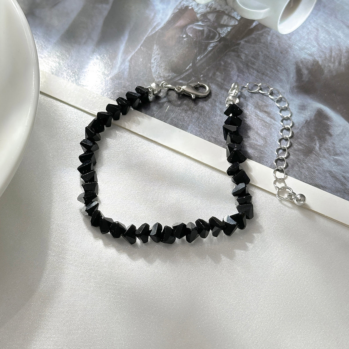 Black Resin and Silvertone Irregular Beads Link Bracelet, silver bracelet for women, elegant gift for her, detail close-up