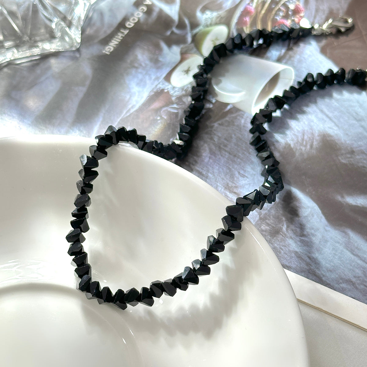 Black Acrylic and Silvertone Beaded Collar Necklace, elegant gift for her, detail close-up