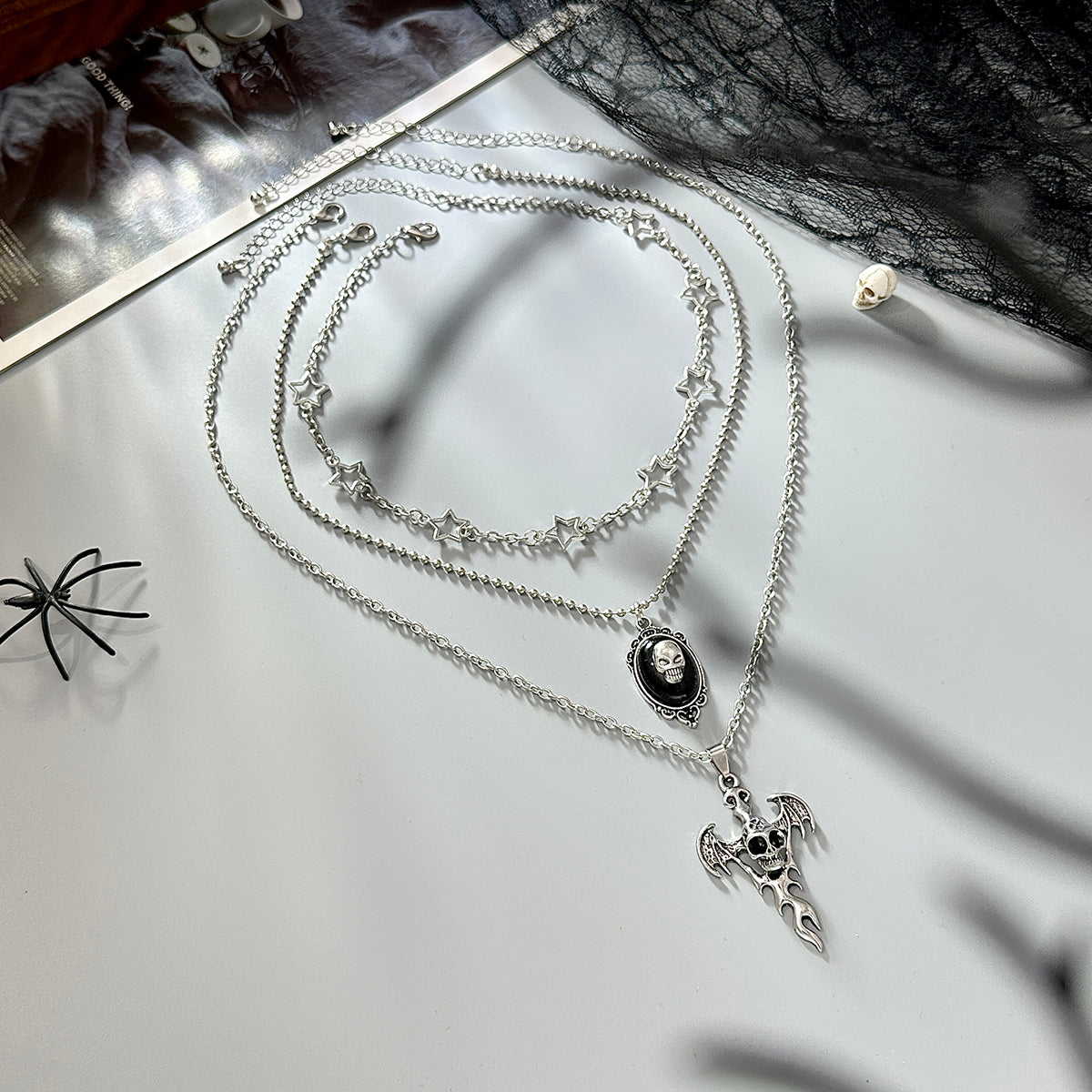 Black Resin and Enamel Silvertone Skull Bat Pendant Necklace Set, silver pendant necklace for women, side view