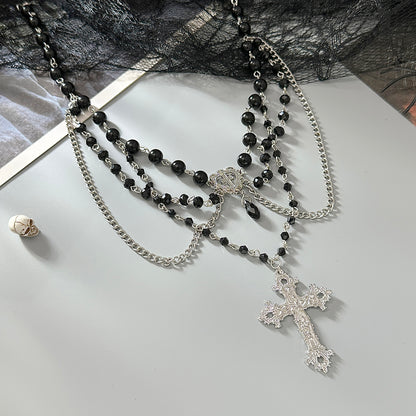 Black Acrylic and Silvertone Cross Heart Pendant Layered Necklace, vintage-inspired design, side view
