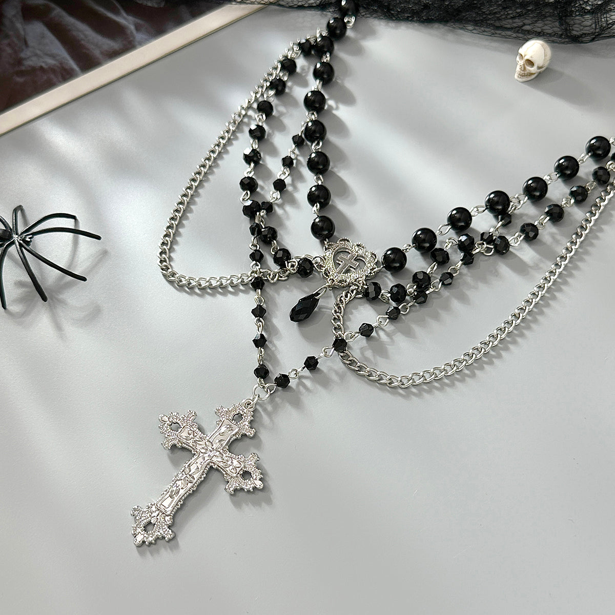 Black Acrylic and Silvertone Cross Heart Pendant Layered Necklace, vintage-inspired design, detail close-up