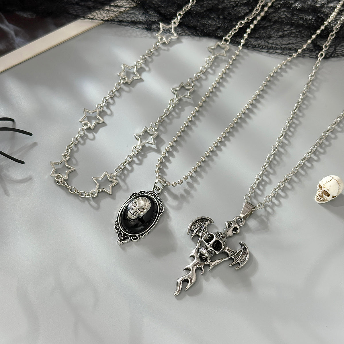 Black Resin and Enamel Silvertone Skull Bat Pendant Necklace Set, silver pendant necklace for women, detail close-up