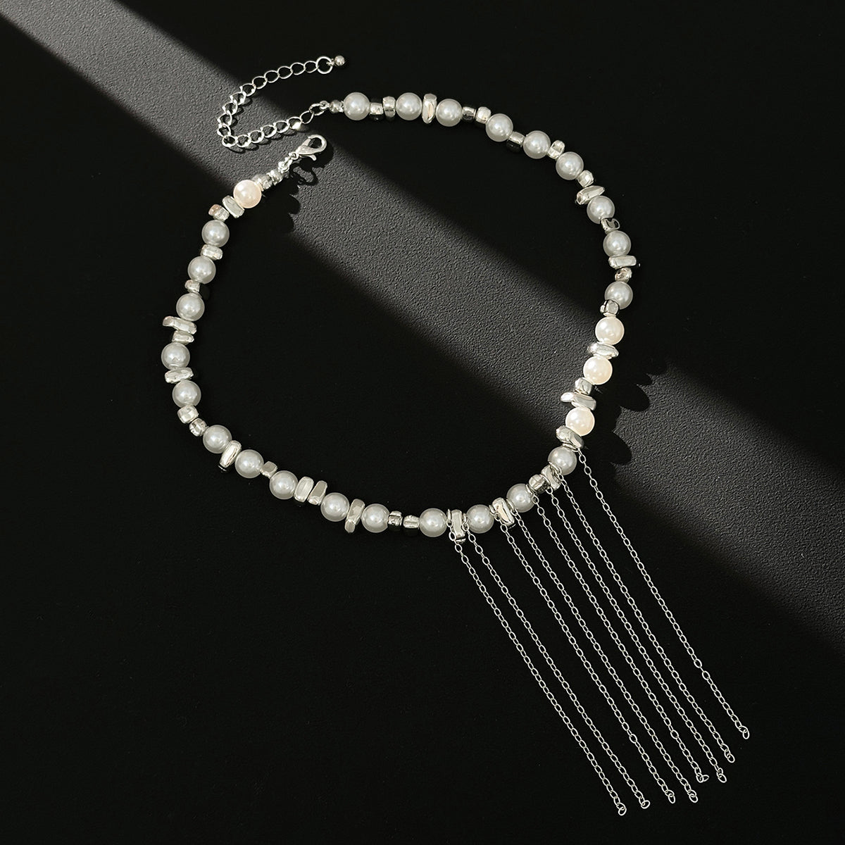 Pearl and Pearl Silvertone Irregular Bead Chain Tassel Necklace, vintage-inspired design, side view