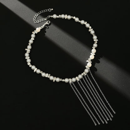 Pearl and Pearl Silvertone Irregular Bead Chain Tassel Necklace, vintage-inspired design, side view