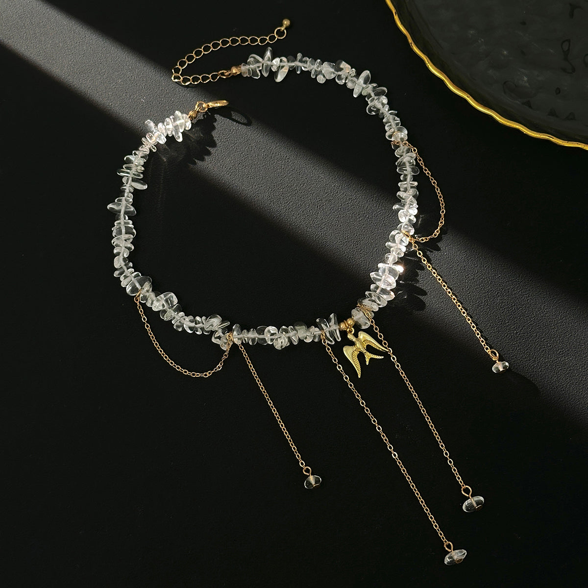 Clear Resin and Goldtone Swallow Pendant Tassel Necklace, everyday style, side view