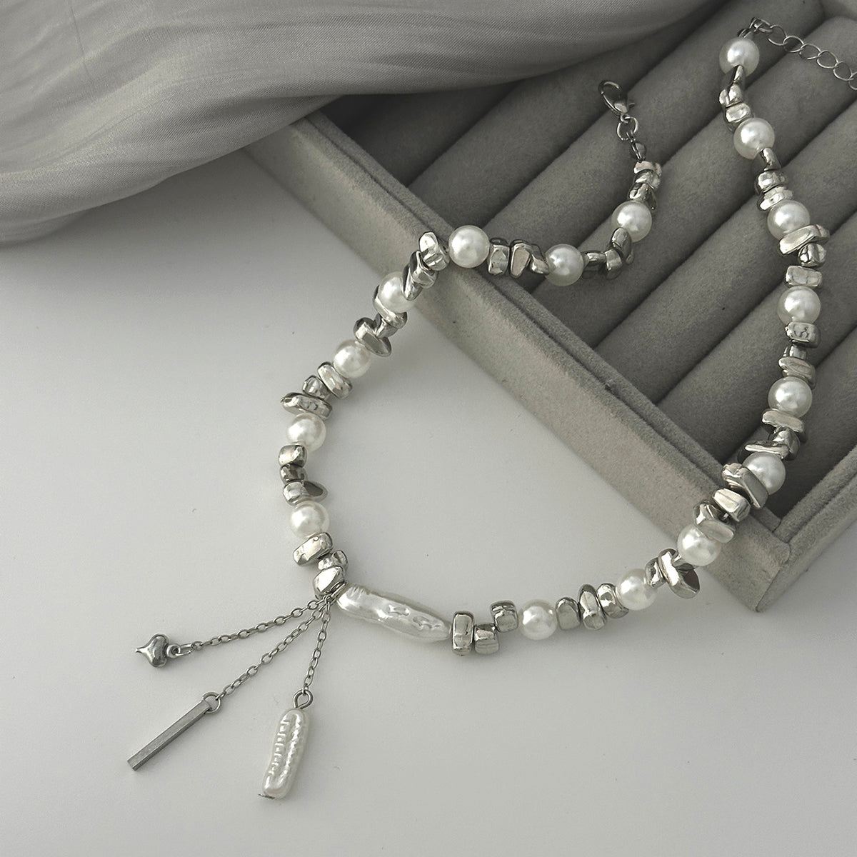 Baroque Pearl and Silvertone Bead Chain Heart Tassel Necklace, dainty minimalist design, detail close-up