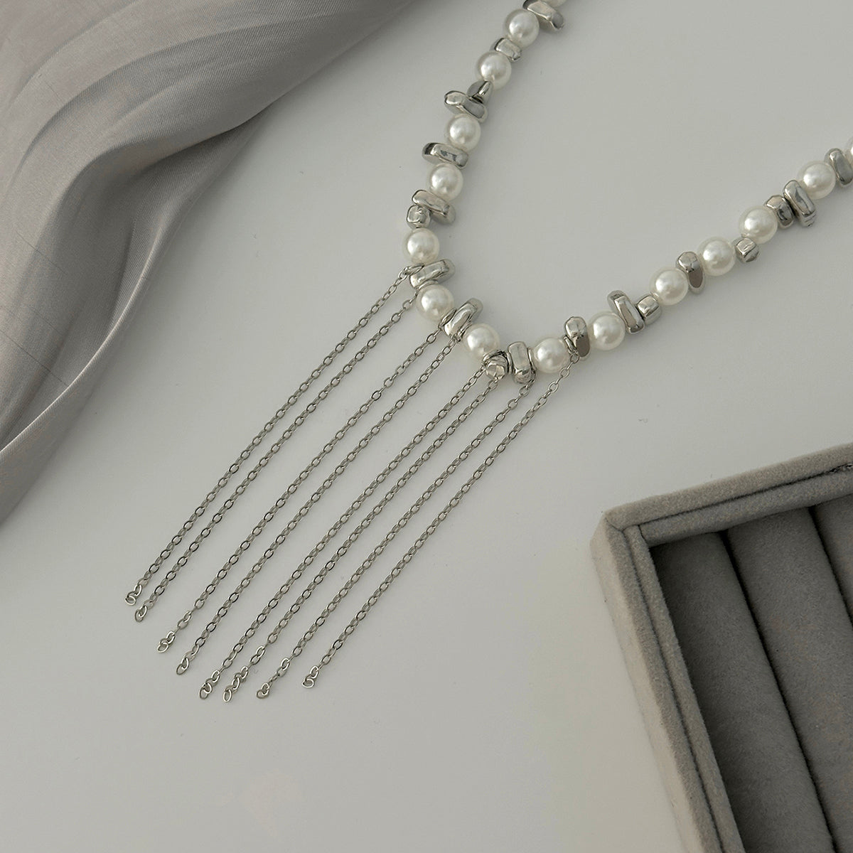Pearl and Pearl Silvertone Irregular Bead Chain Tassel Necklace, vintage-inspired design, detail close-up