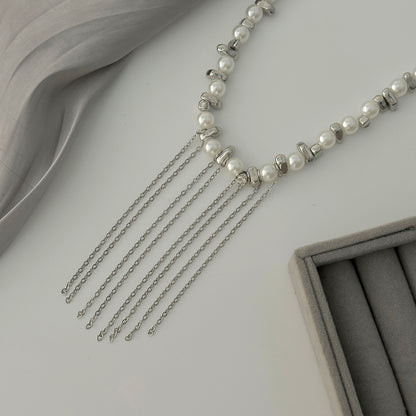 Pearl and Pearl Silvertone Irregular Bead Chain Tassel Necklace, vintage-inspired design, detail close-up
