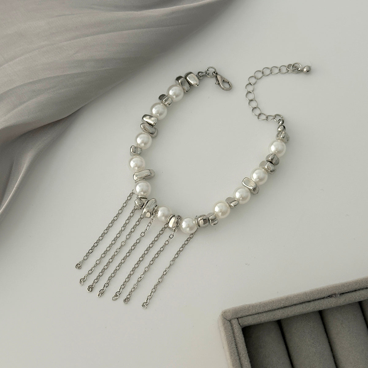 Pearl and Silvertone Tassel Beads Link Bracelet, silver bracelet for women, elegant gift for her, side view