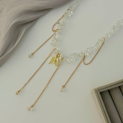 Clear Resin and Goldtone Swallow Pendant Tassel Necklace, everyday style, detail close-up