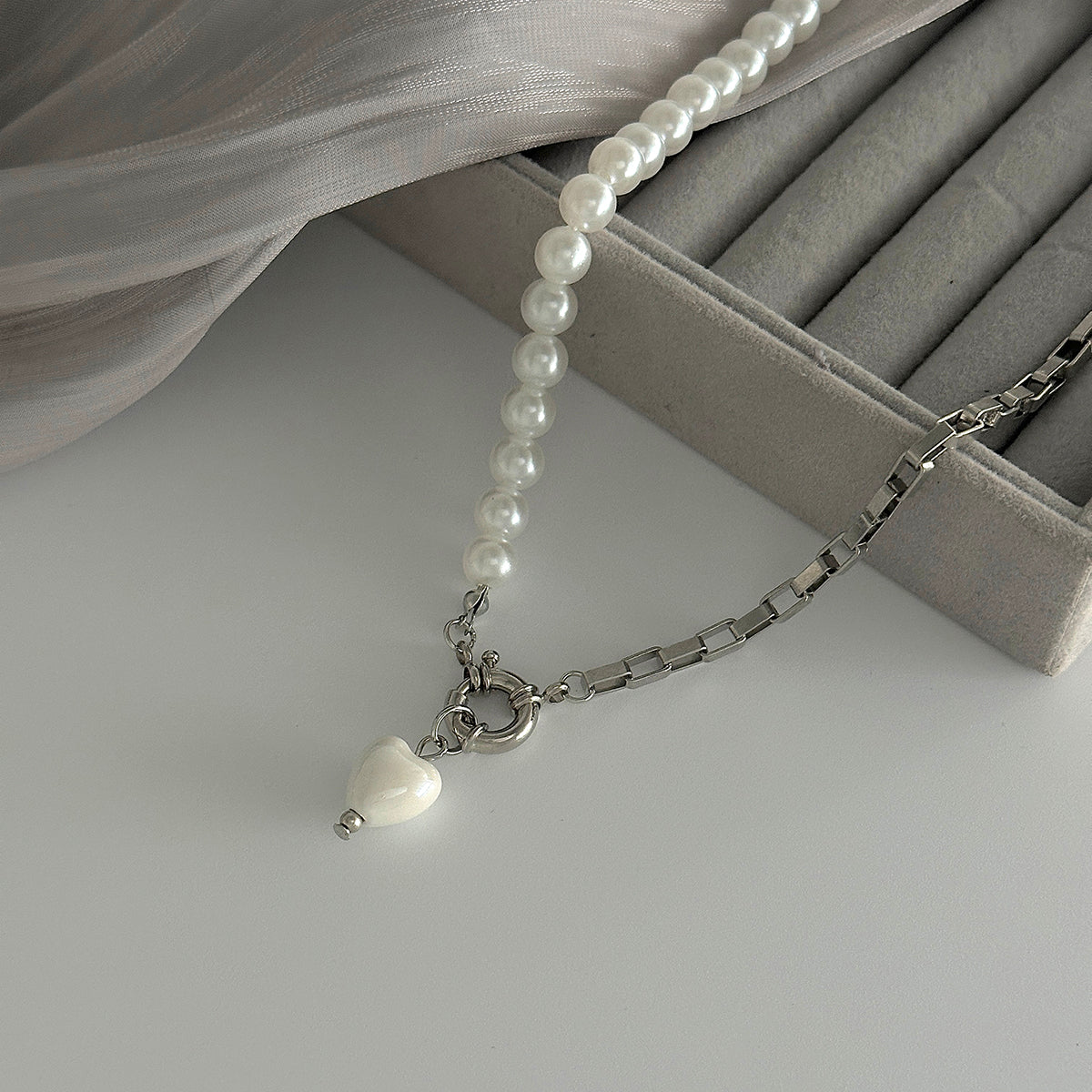 Pearl and Resin Silvertone Heart Pendant Patchwork Necklace, everyday style, detail close-up