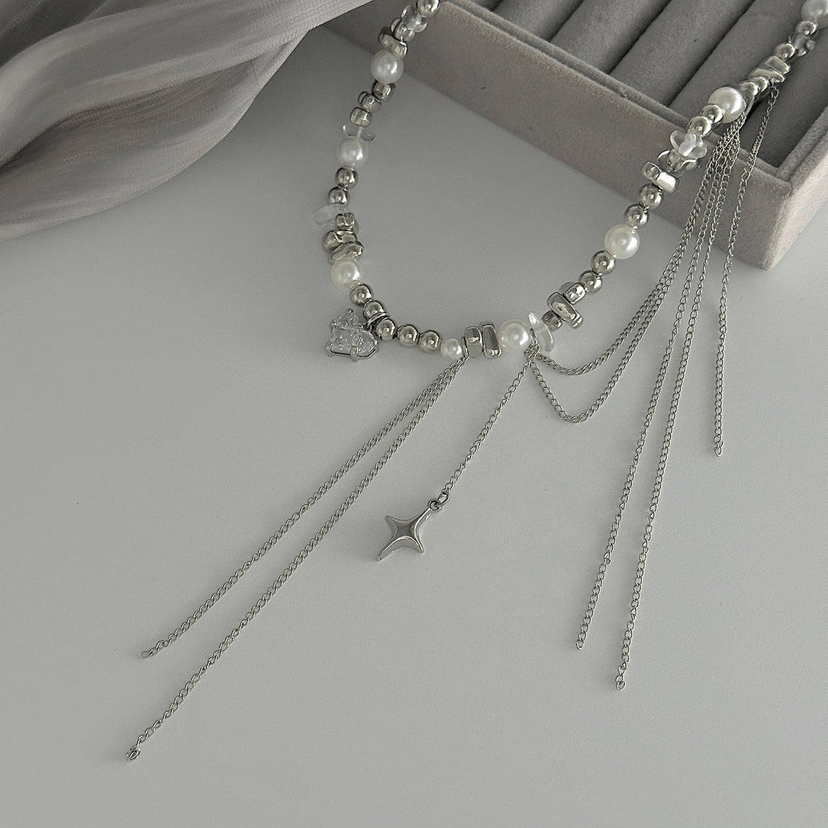 Clear Resin and Crystal Pearl Silvertone Heart Pendant Tassel Necklace, botanical inspired, detail close-up