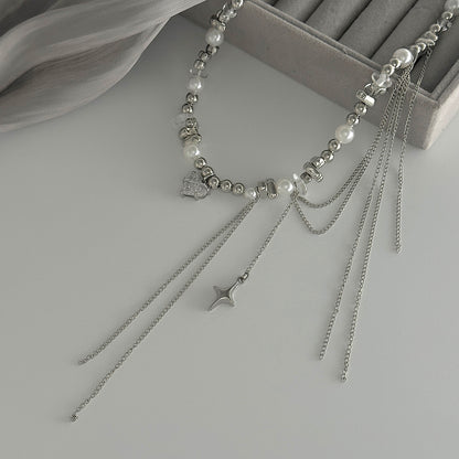 Clear Resin and Crystal Pearl Silvertone Heart Pendant Tassel Necklace, botanical inspired, detail close-up