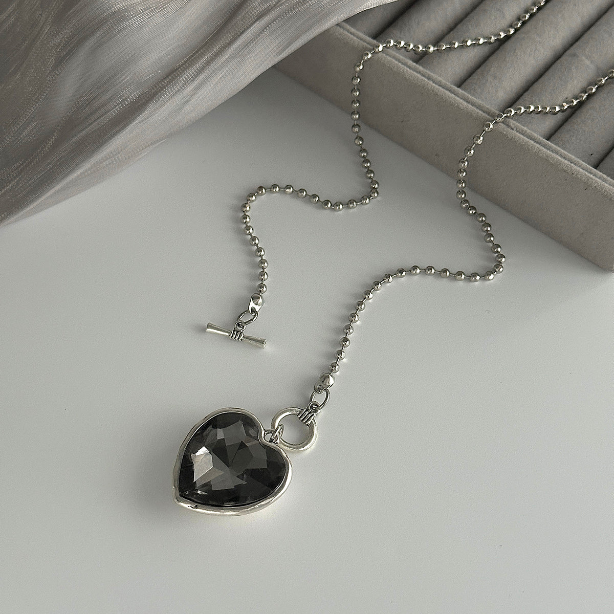 Crystal and Silvertone Heart Pendant Ball Chain Toggle Necklace, elegant gift for her, detail close-up