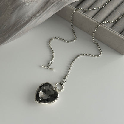 Crystal and Silvertone Heart Pendant Ball Chain Toggle Necklace, elegant gift for her, detail close-up