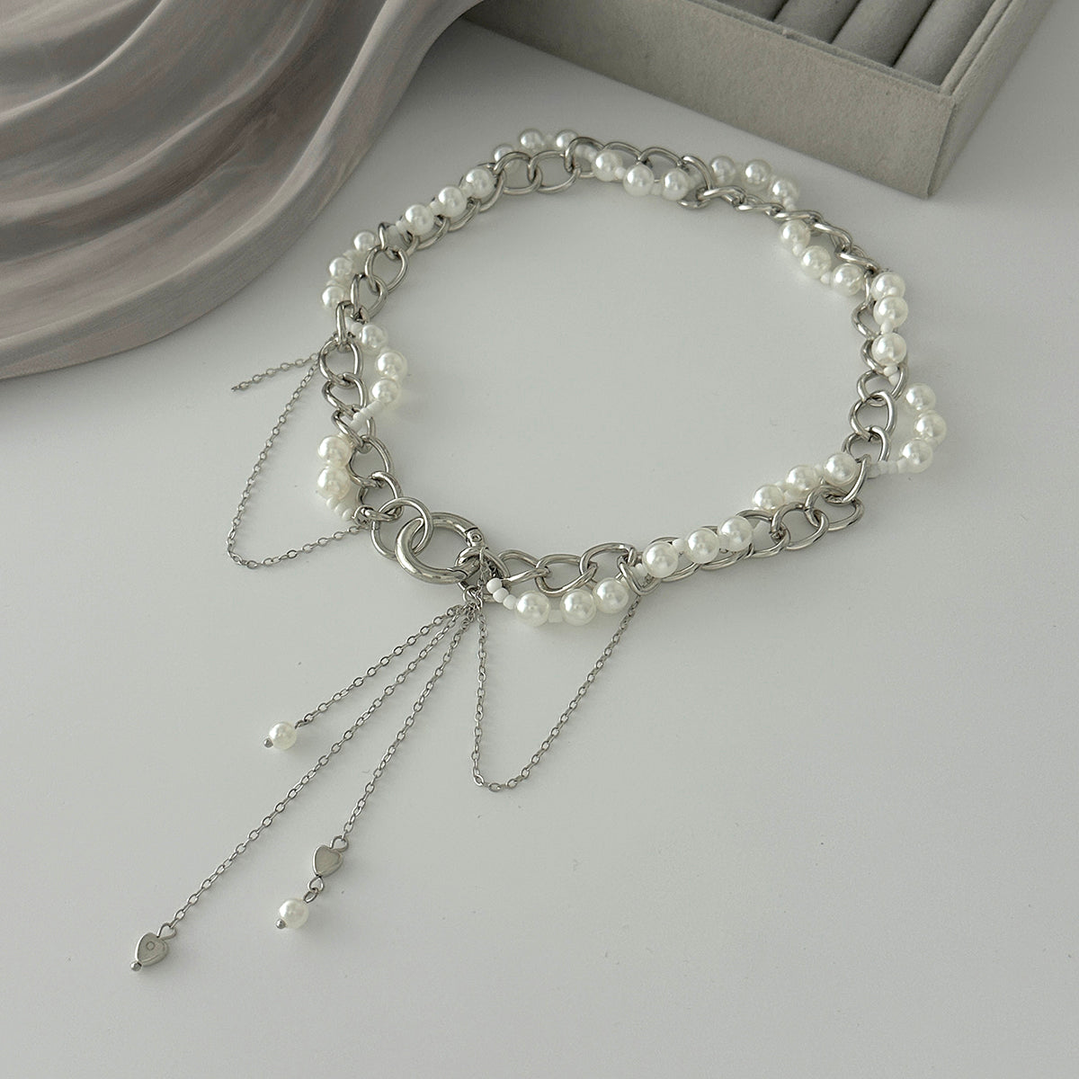 Pearl and Acrylic Silvertone Heart Drop Tassel Necklace, dainty minimalist design, side view