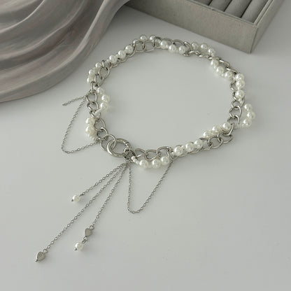 Pearl and Acrylic Silvertone Heart Drop Tassel Necklace, dainty minimalist design, side view
