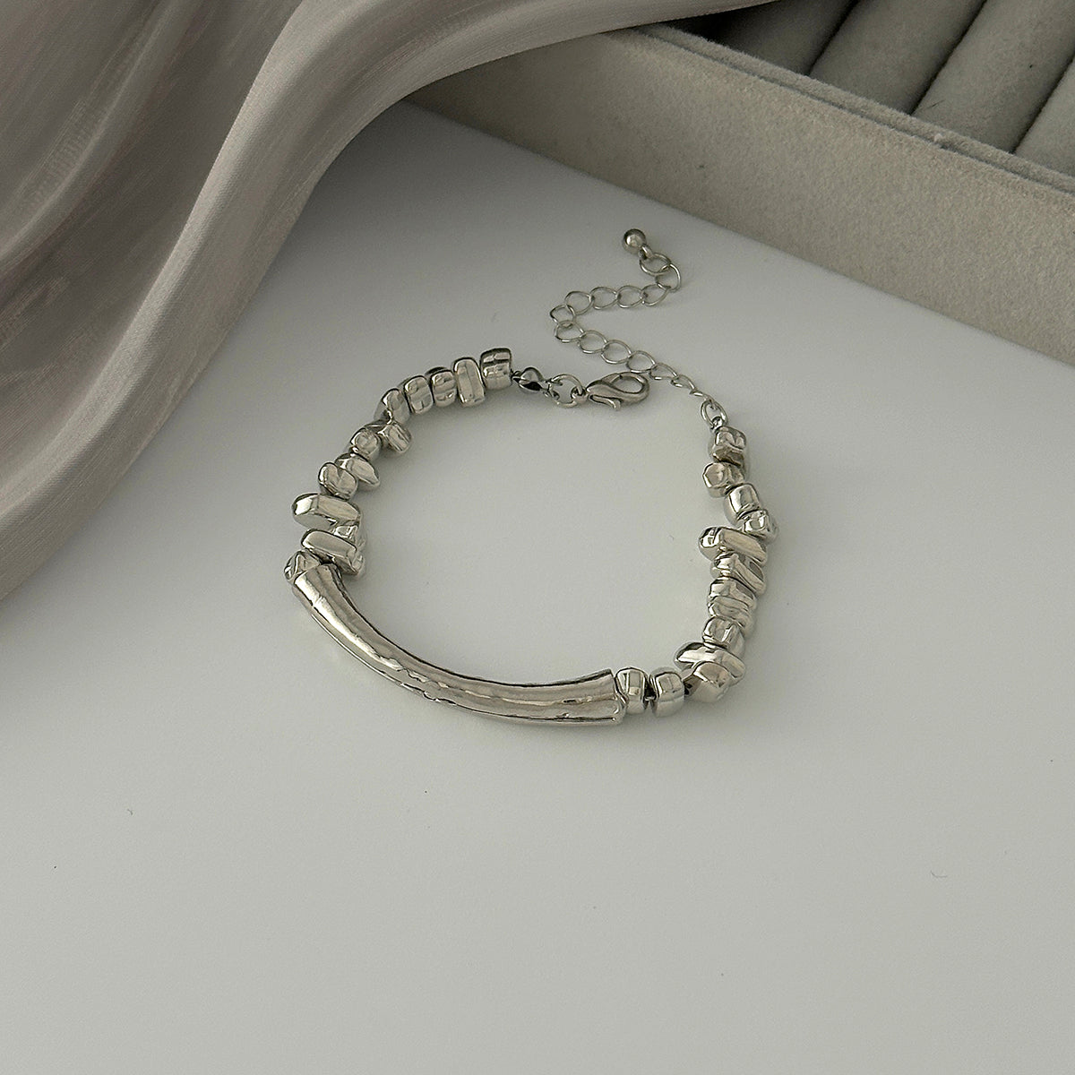 Silvertone Curved Bar Irregular Beads Chain Bracelet, silver bracelet for women, everyday style, side view