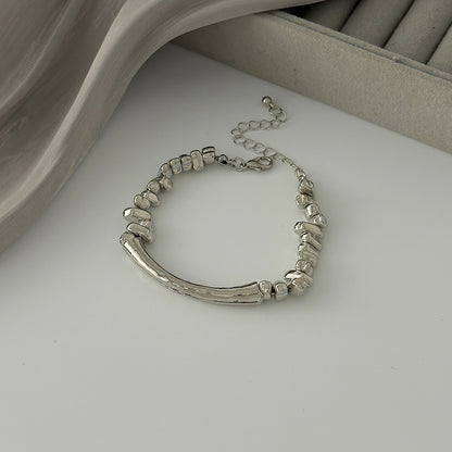 Silvertone Curved Bar Irregular Beads Chain Bracelet, silver bracelet for women, everyday style, side view