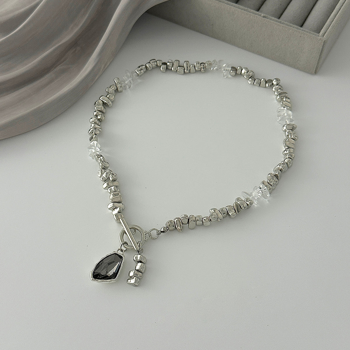 Crystal and Clear Resin Silvertone Bead Chain Toggle Pendant Necklace, vintage-inspired design, detail close-up