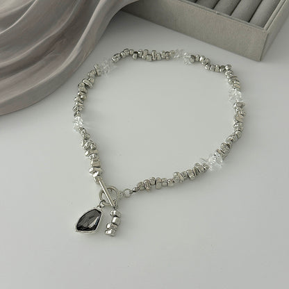 Crystal and Clear Resin Silvertone Bead Chain Toggle Pendant Necklace, vintage-inspired design, detail close-up