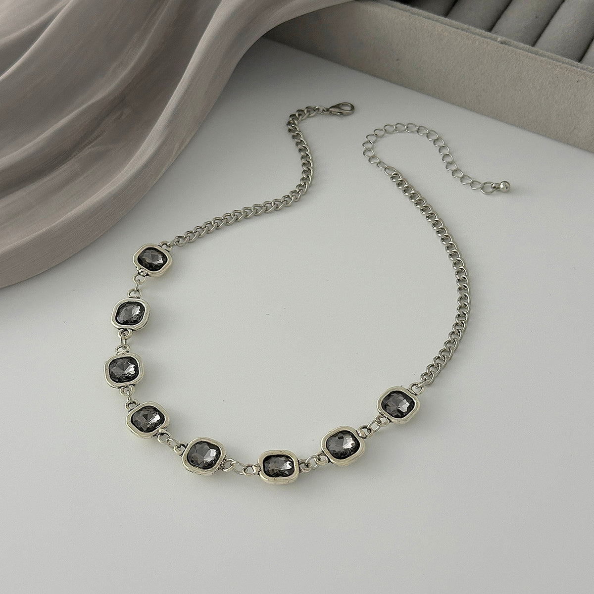 Crystal and Silvertone Square Station Collar Necklace, elegant gift for her, side view