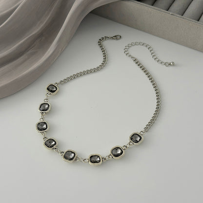 Crystal and Silvertone Square Station Collar Necklace, elegant gift for her, side view
