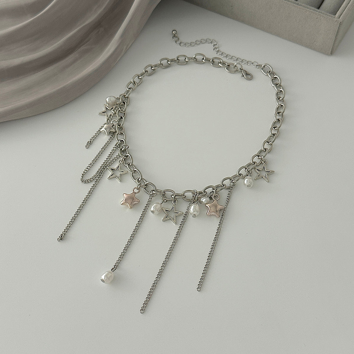 Pearl and Silvertone Star Tassel Collar Necklace, dainty minimalist design, detail close-up