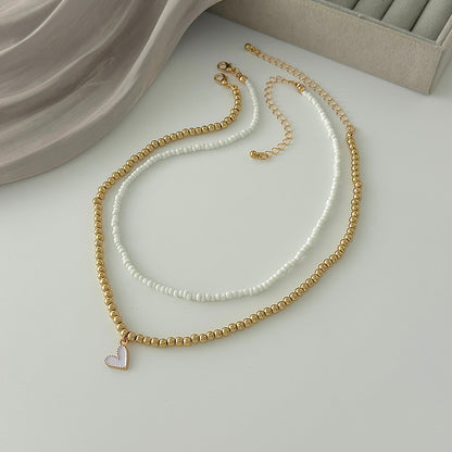 White Howlite & Enamel Goldtone Beads Chain Heart Pendant Necklace Set