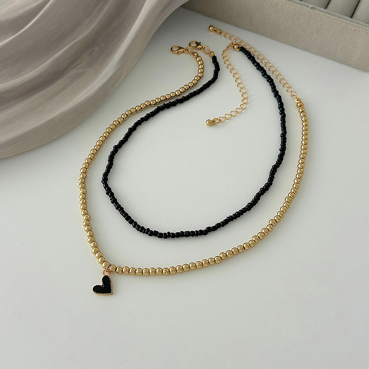 Black Howlite & Enamel Goldtone Beads Chain Heart Pendant Necklace Set