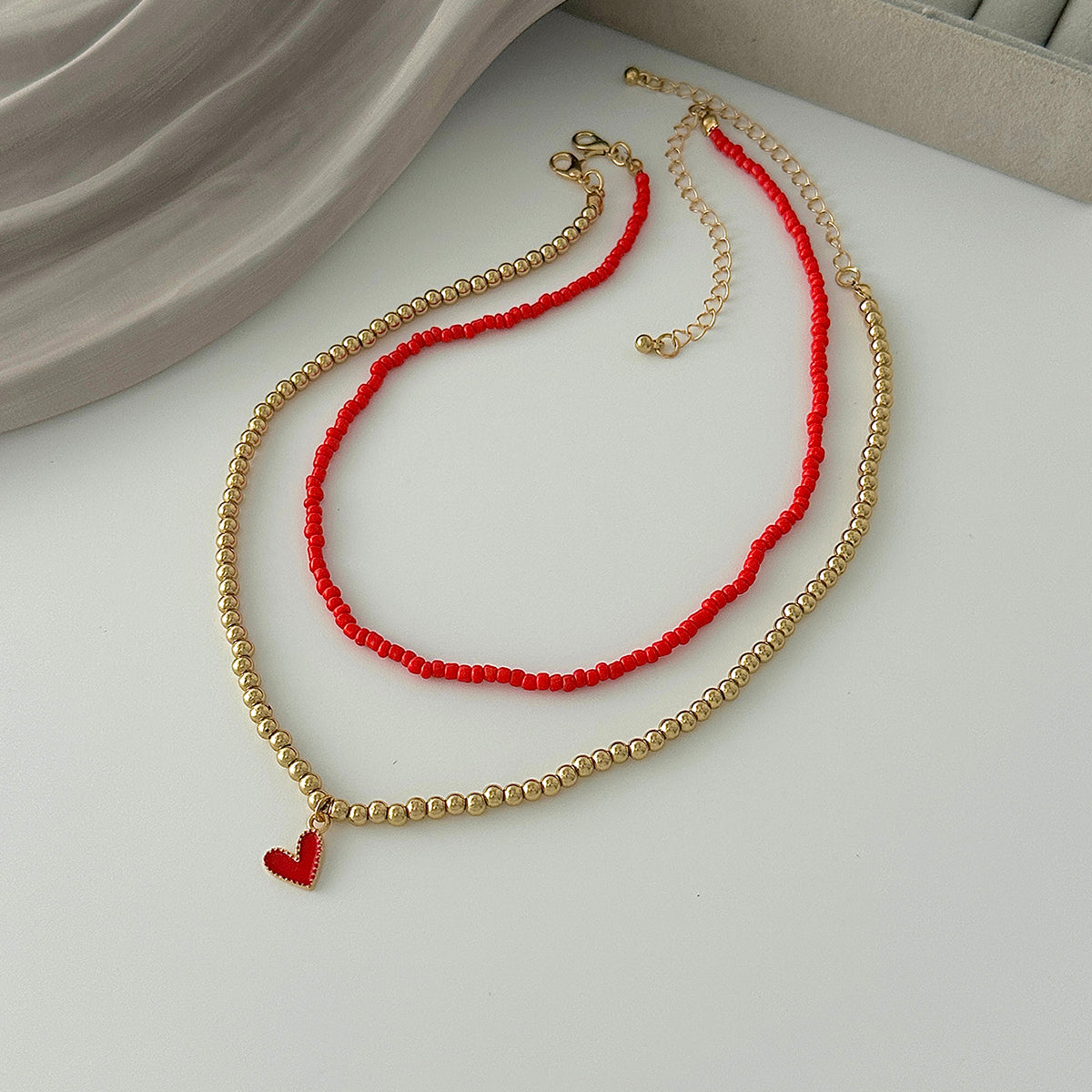 Red Howlite & Enamel Goldtone Beads Chain Heart Pendant Necklace Set