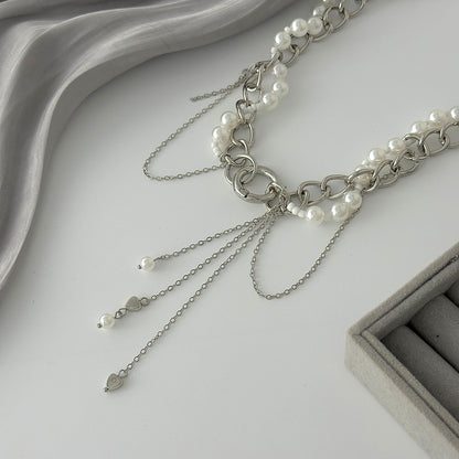 Pearl and Acrylic Silvertone Heart Drop Tassel Necklace, dainty minimalist design, detail close-up