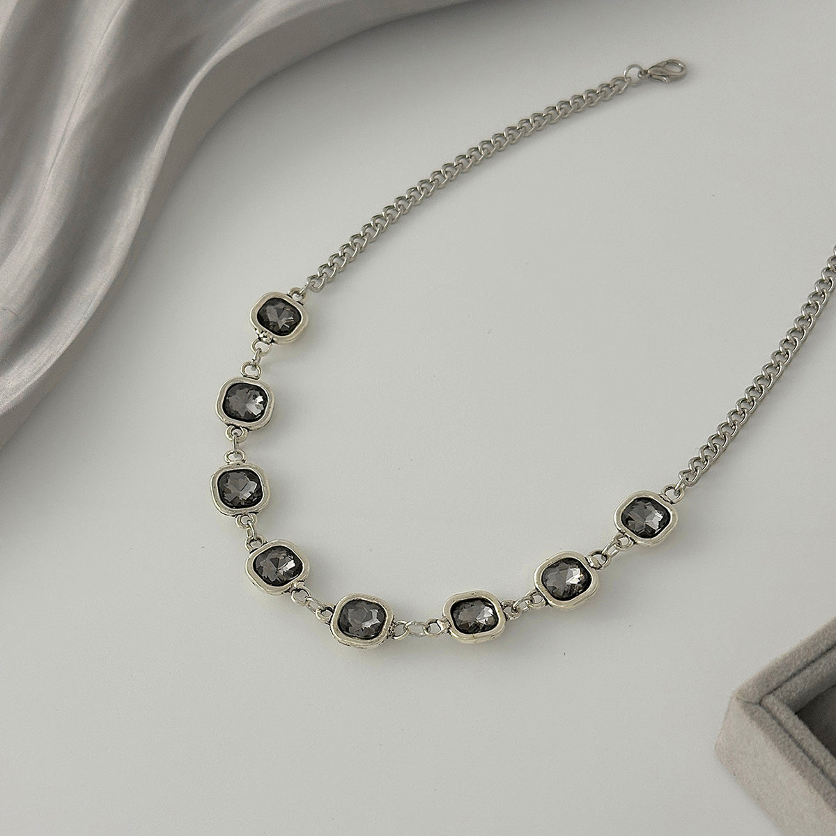 Crystal and Silvertone Square Station Collar Necklace, elegant gift for her, detail close-up