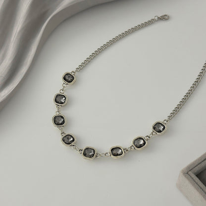 Crystal and Silvertone Square Station Collar Necklace, elegant gift for her, detail close-up
