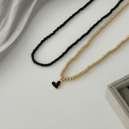 Black Howlite & Enamel Goldtone Beads Chain Heart Pendant Necklace Set
