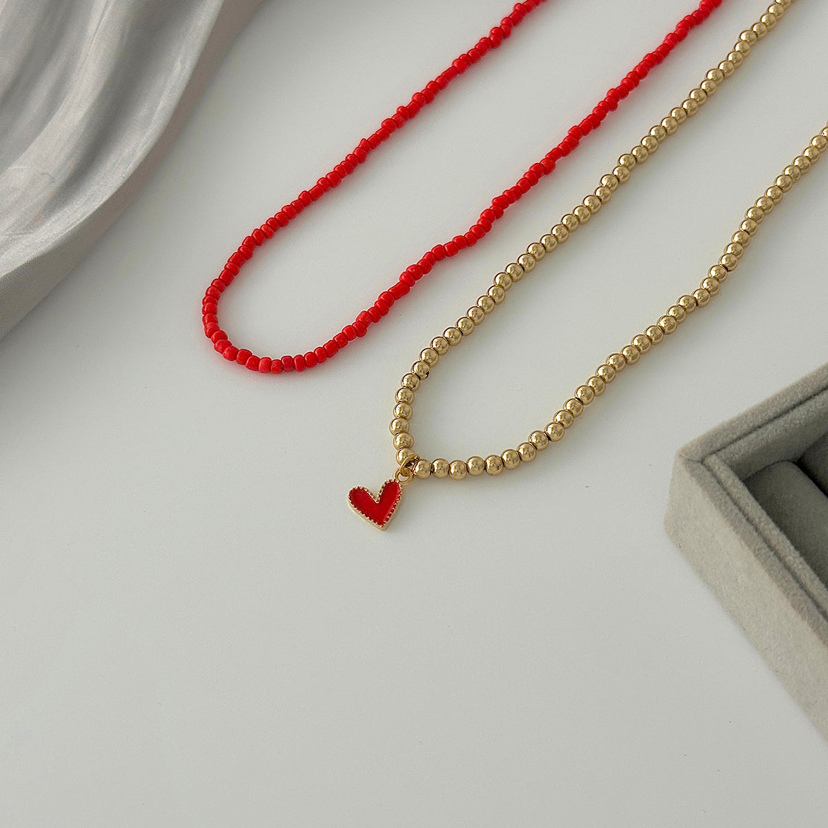 Red Howlite & Enamel Goldtone Beads Chain Heart Pendant Necklace Set
