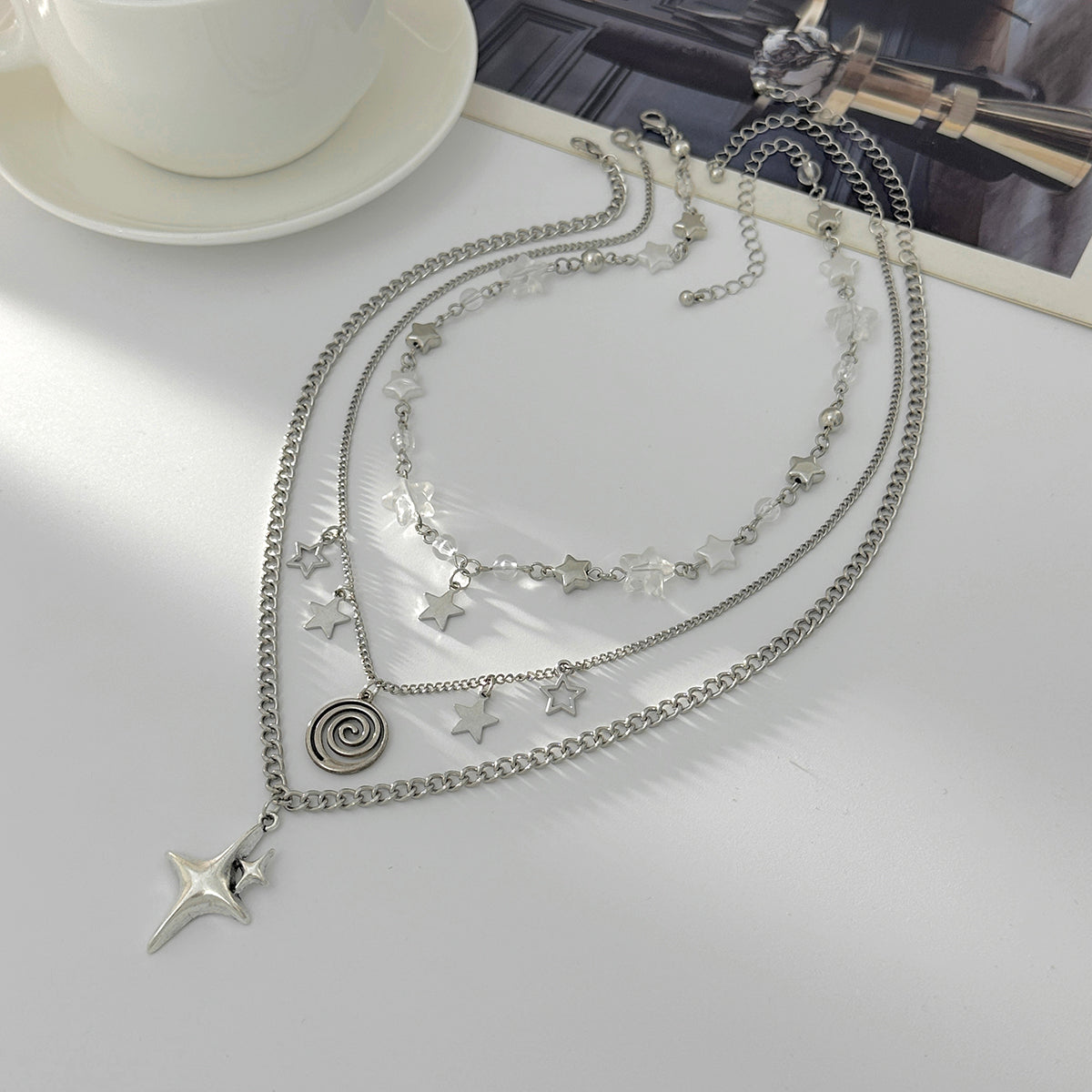 Clear Resin & Pearl Silvertone Swirl Star Pendant Necklace Set