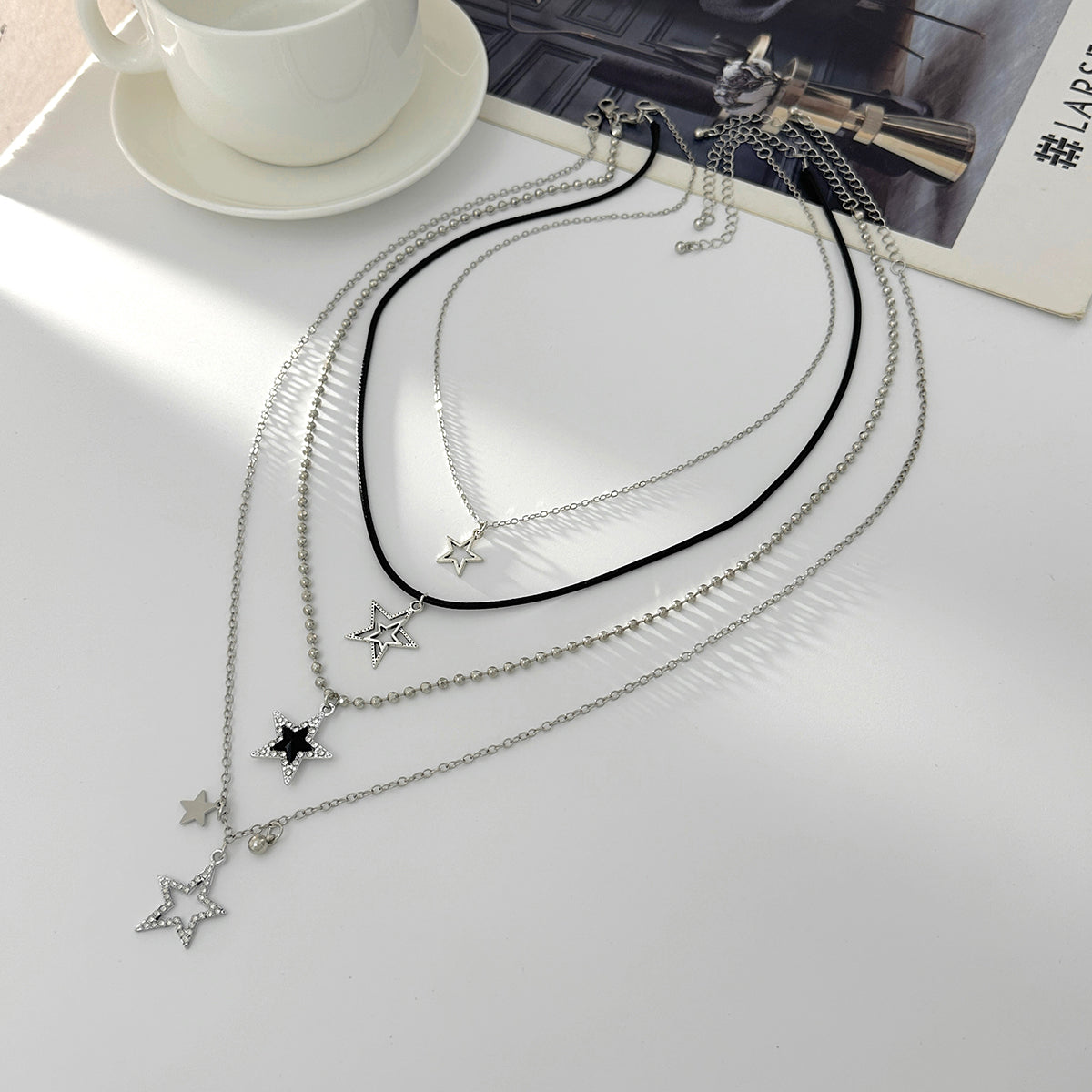 Black Polyster & Cubic Zirconia Acrylic Silvertone Star Pendant Necklace Set