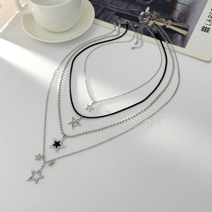 Black Polyster & Cubic Zirconia Acrylic Silvertone Star Pendant Necklace Set