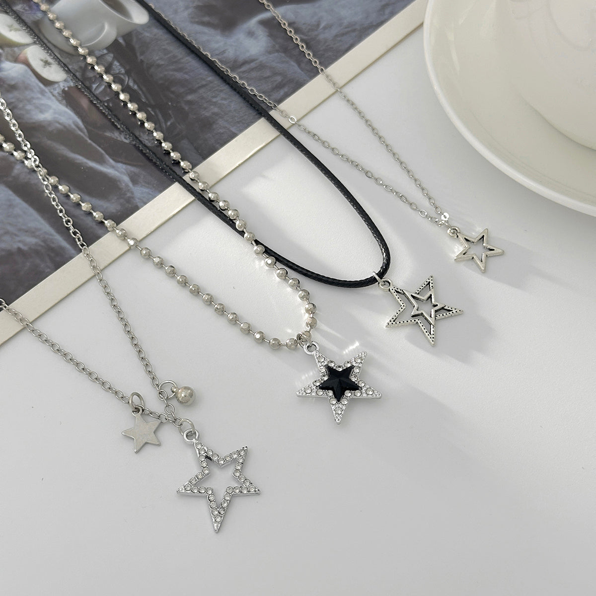 Black Polyster & Cubic Zirconia Acrylic Silvertone Star Pendant Necklace Set