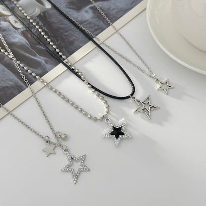Black Polyster & Cubic Zirconia Acrylic Silvertone Star Pendant Necklace Set