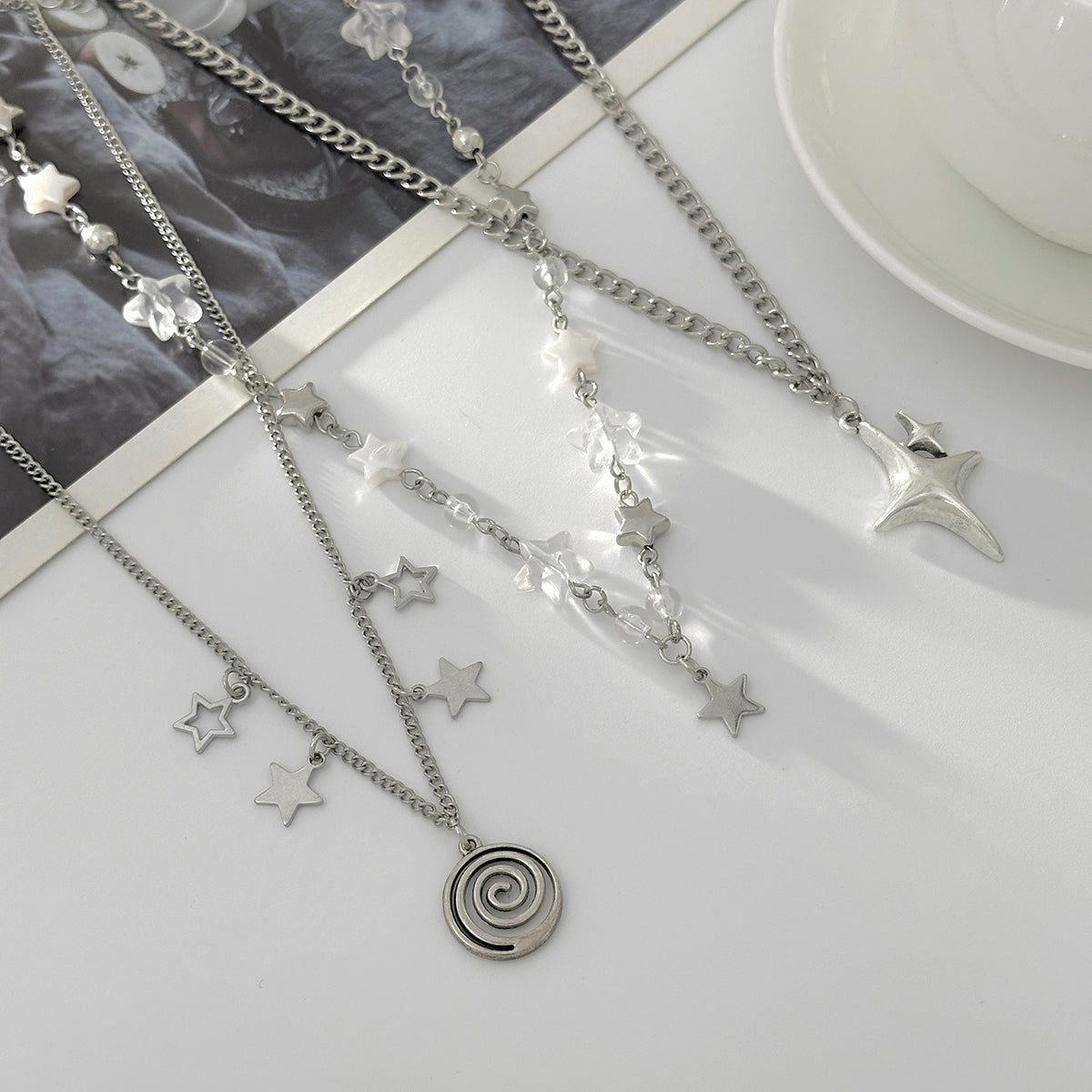 Clear Resin & Pearl Silvertone Swirl Star Pendant Necklace Set
