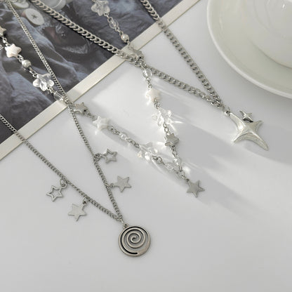 Clear Resin & Pearl Silvertone Swirl Star Pendant Necklace Set