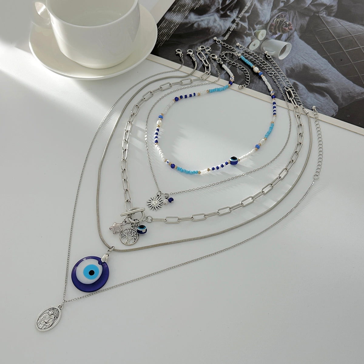 Blue Acylic & Howlite Silvertone Celestial Eye Pendant Necklace Set