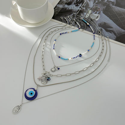Blue Acylic & Howlite Silvertone Celestial Eye Pendant Necklace Set