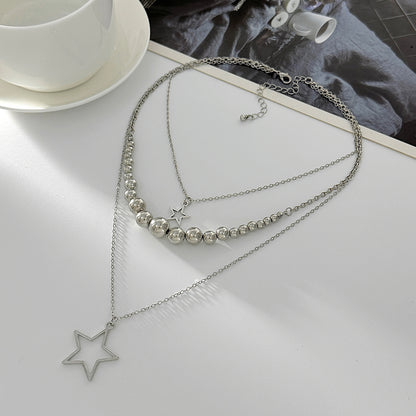 Silvertone Graduated Beaded Chain Open Star Pendant Layered Necklace, elegant gift for her, detail close-up