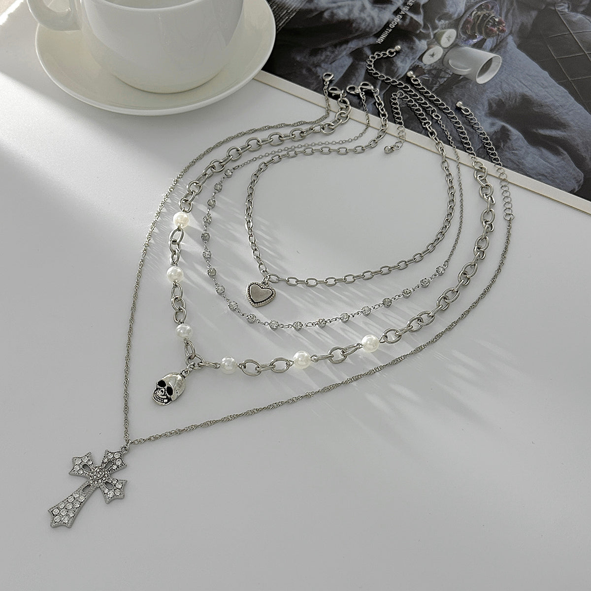 Pearl & Cubic Zirconia Enamel Silvertone Heart Skull Cross Pendant Necklace Set
