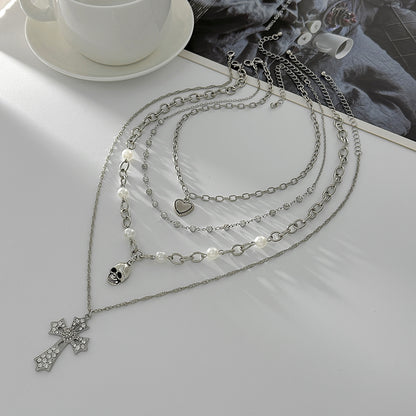 Pearl & Cubic Zirconia Enamel Silvertone Heart Skull Cross Pendant Necklace Set