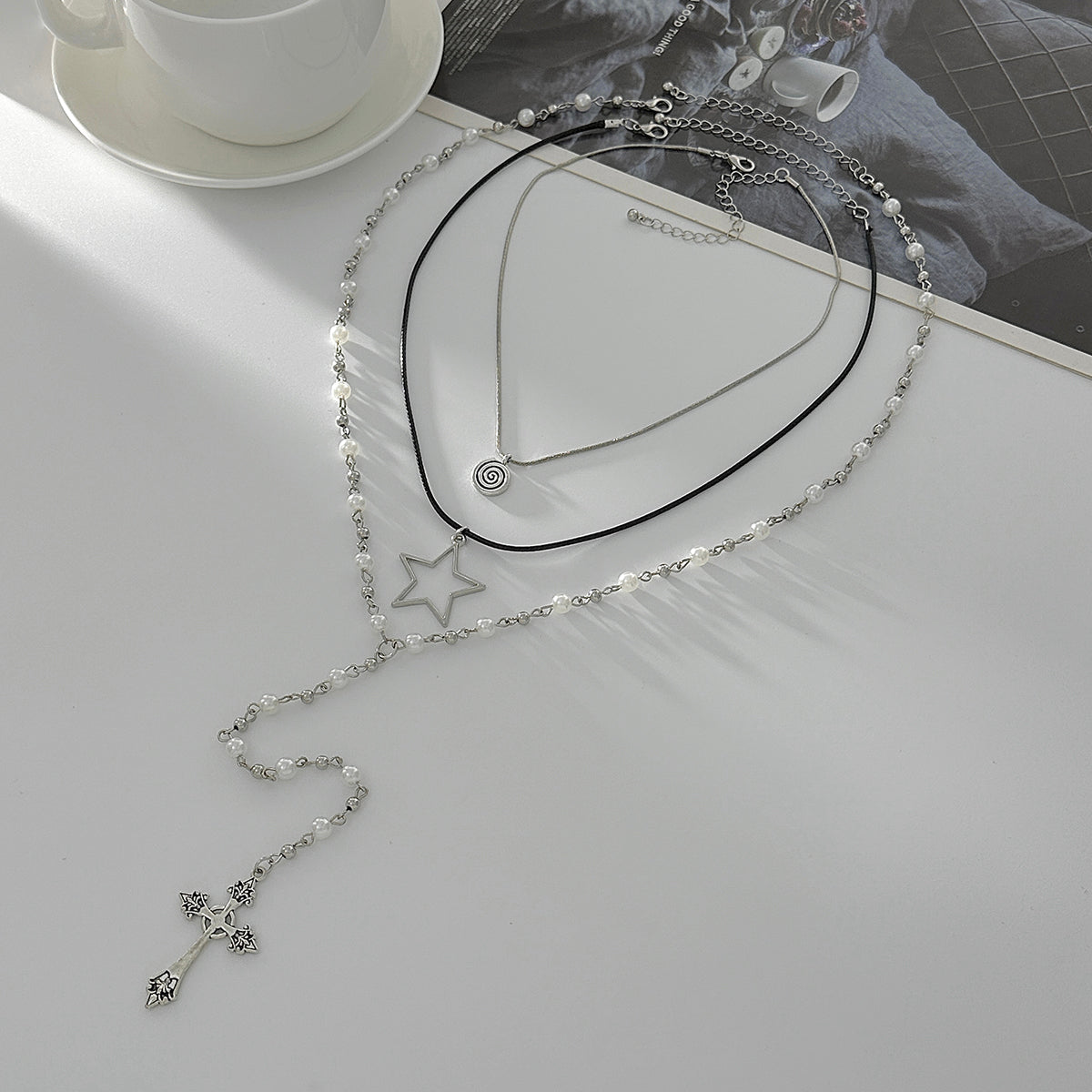 Black Polyster & Enamel Pearl Silvertone Star Cross Drop Necklace Set